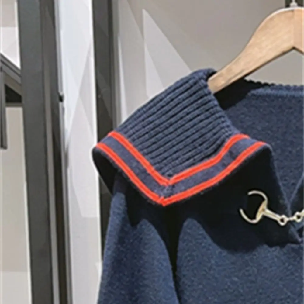 

Женский матросский воротник, Ранняя осень 2024, Новый нежный женский свободный пуловер контрастных цветов с длинным рукавом, топы