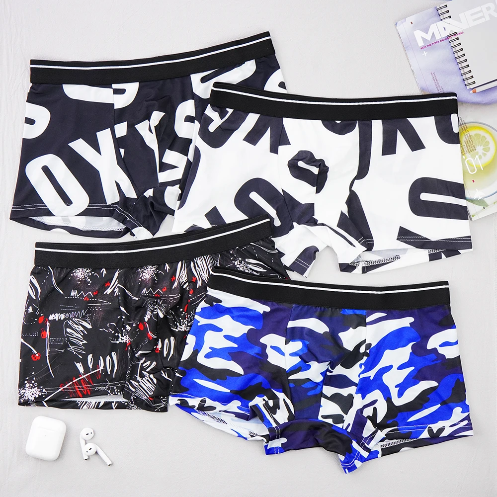 

Men Ice Silk Underwear Bulge Pouch Boxer Briefs Printed Underpants Summer Thin Breathable Boxer Trunks Seamless Knickers sexy