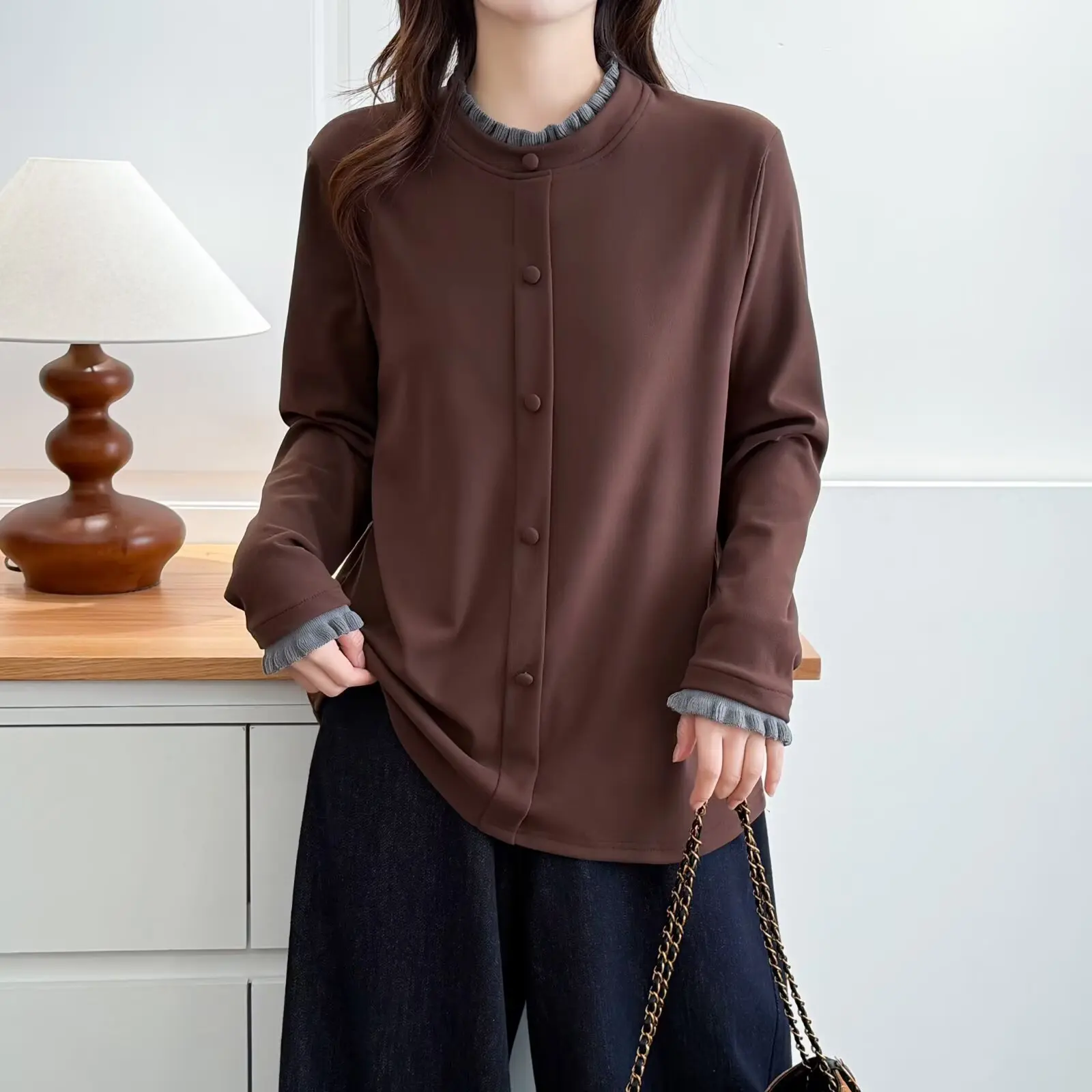 XXXXL Fashion Plus Size Women's T-Shirt Autumn Winter De Velvet Warm Block Color Ruffled Collar Long Sleeve Base Tops 984