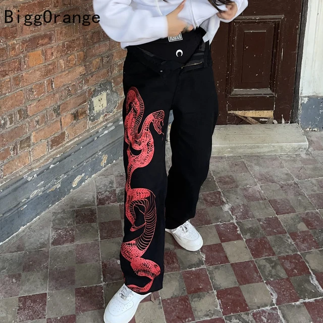 Street Punk Style Men And Women Jeans Personality Red Snake Print