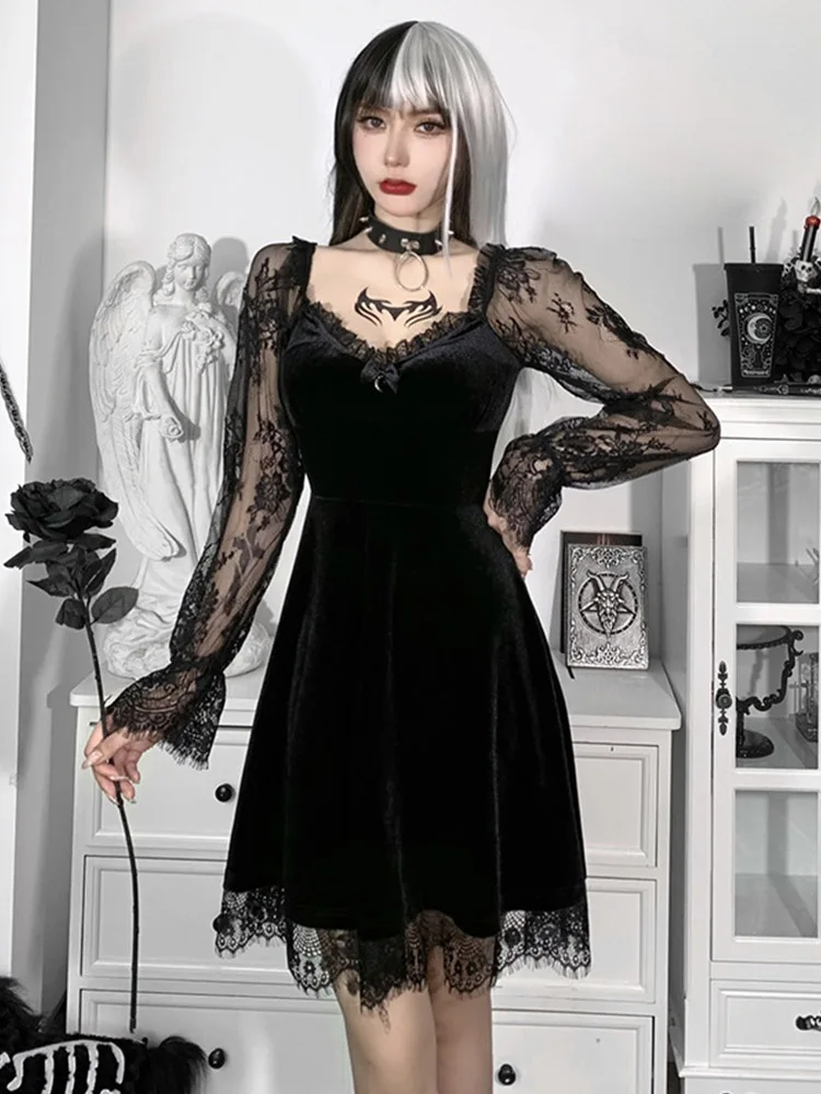 Gothic Lolita Girl Lace Trim Velvet A-Line Dress Women Sexy Perspective Long Sleeve V Neck Slim Mini Dress Cosplay Party Costume 6