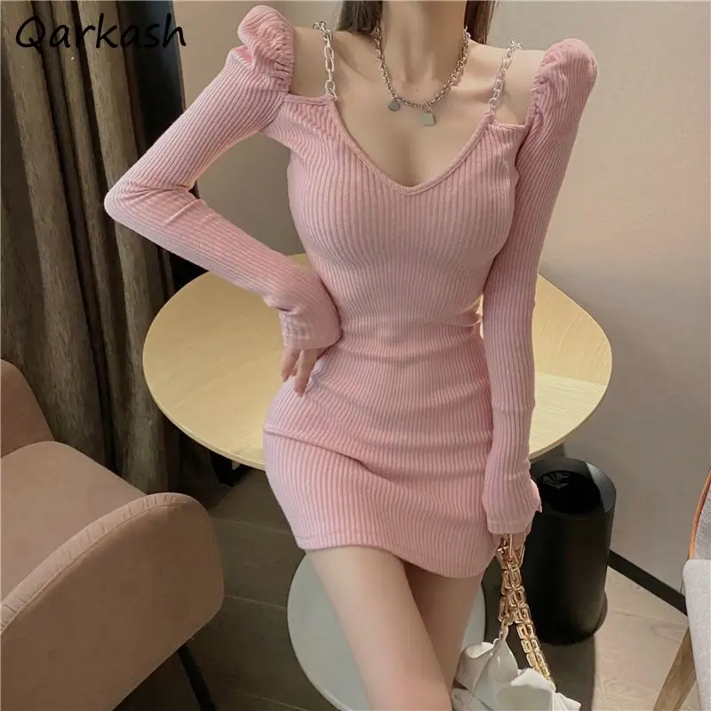 

Sexy Dresses Women Square Collar Hollow Out Slim Popular Fashion Elegant Long Sleeve Knitting Solid Simple Backless Korean Style