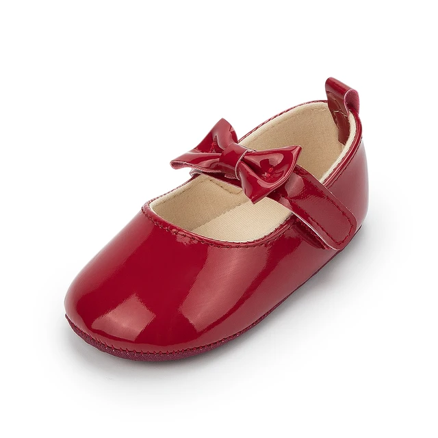 Newborn Baby Shoes Baby Boy Girl Shoes Girl Classic Bowknot Rubber Sole Anti-slip PU Dress Shoes First Walker Toddler Crib Shoes Red2