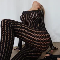 Sexy See-through Seamless Striped Jacquard Long Sleeve One-piece Jumpsuit Women All Black Spicy Hot Girl Style Nightclub Romper - Image 4