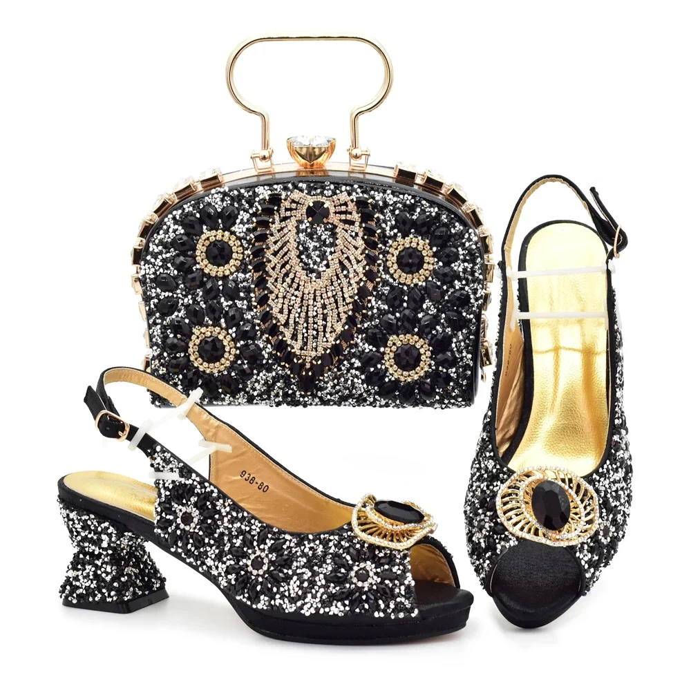 Set Elegante Donna: Sandali Tacco Stiletto E Borsa Abbinata Con Strass E Pietre