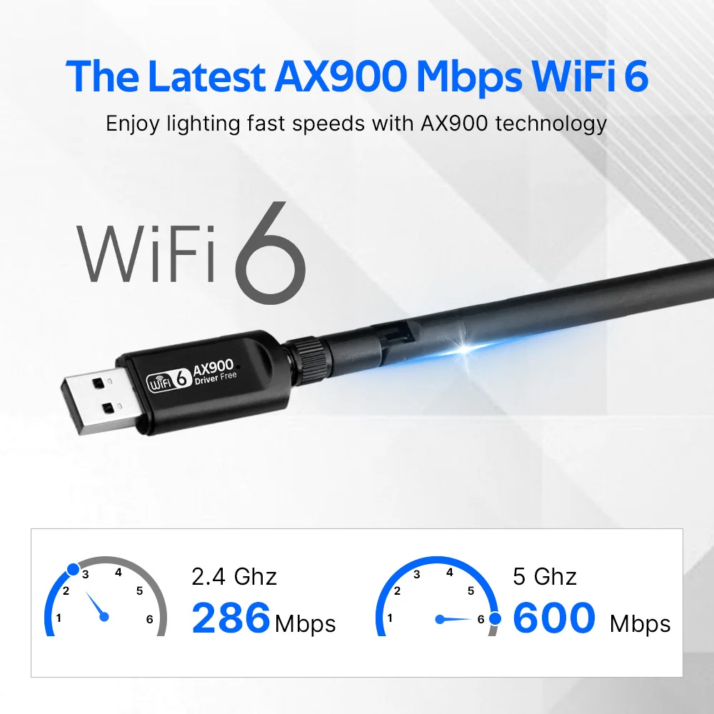 와이파이 6 USB 어댑터, 900Mbps 듀얼 밴드 2.4G 5G 무선 네트워크, 와이파이 USB 리시버, 5dbi 안테나 프리 드라이버, PC 노트북용, AX900