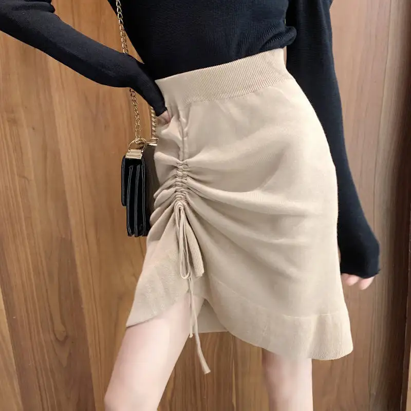 short skirt Korean Irregular Ruffles Drawstring Women Skirts High Waist High Waist Slim Knitted Faldas Mujer Vintage Streetwear Mini Skirt black pleated skirt