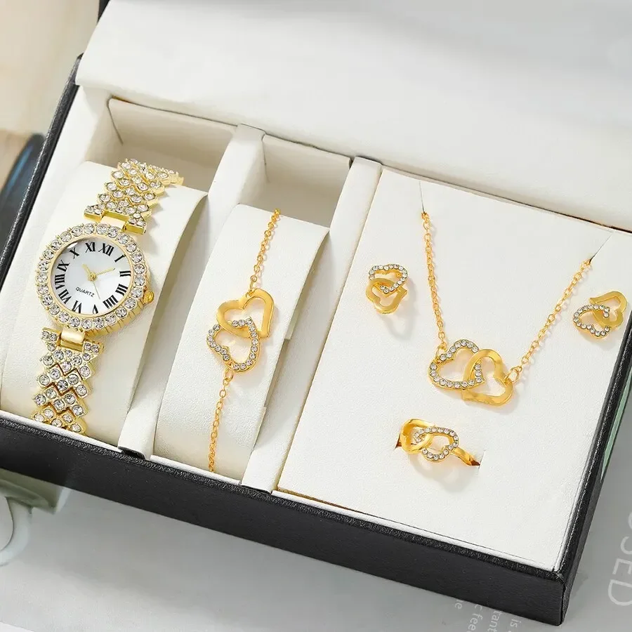 Women Watches 2/6pc Set Rose Gold Luxury Watch Women Ring Necklace Earring Rhinestone Fashion Wristwatch Casual Ladies Bracelet Watches