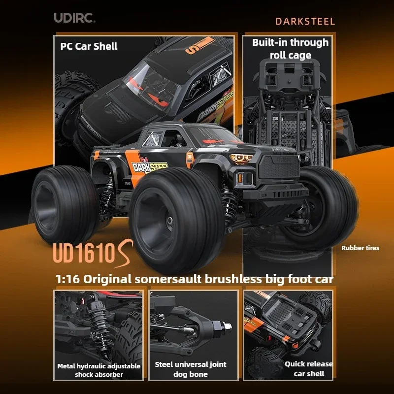 Profil de la voiture télécommandée Big-Foot 1:16 4x4 à grande vitesse, montrant son design robuste et ses suspensions.