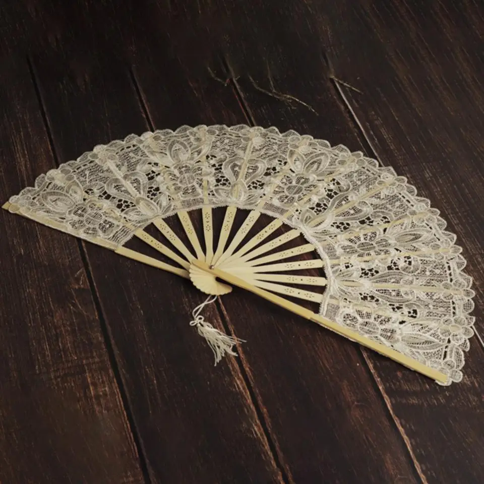 Abanico De Plumas Plegable Blanco – Estilo Chino Con Encaje Bordado, Borlas Colgantes, Para Bodas, Fiestas O Decoración