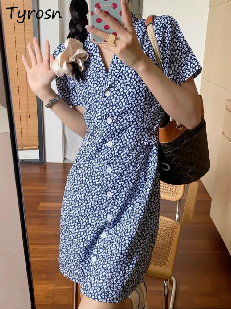 Dresses for Women Button Elegant Trendy V-neck Floral Korean