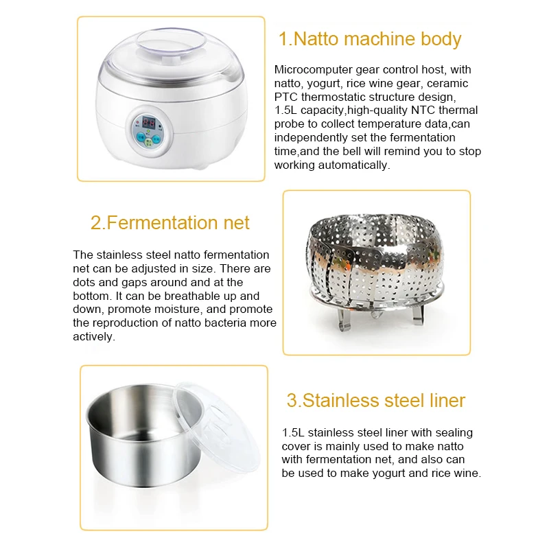 Automatic Electric Natto Maker Rice Wine Fermenting Machine Yogurt Leben Sour Cream Fermenter Yoghurt Stainless Steel Liner Cup 6