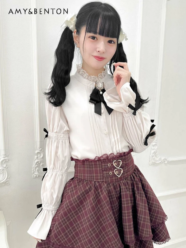 

Japanese Sweet Bow Print Long-Sleeved Blouse Women Spring New Mine Mass-Produced Lolita Blouses Kawaii Slim Stand Collar Blusas