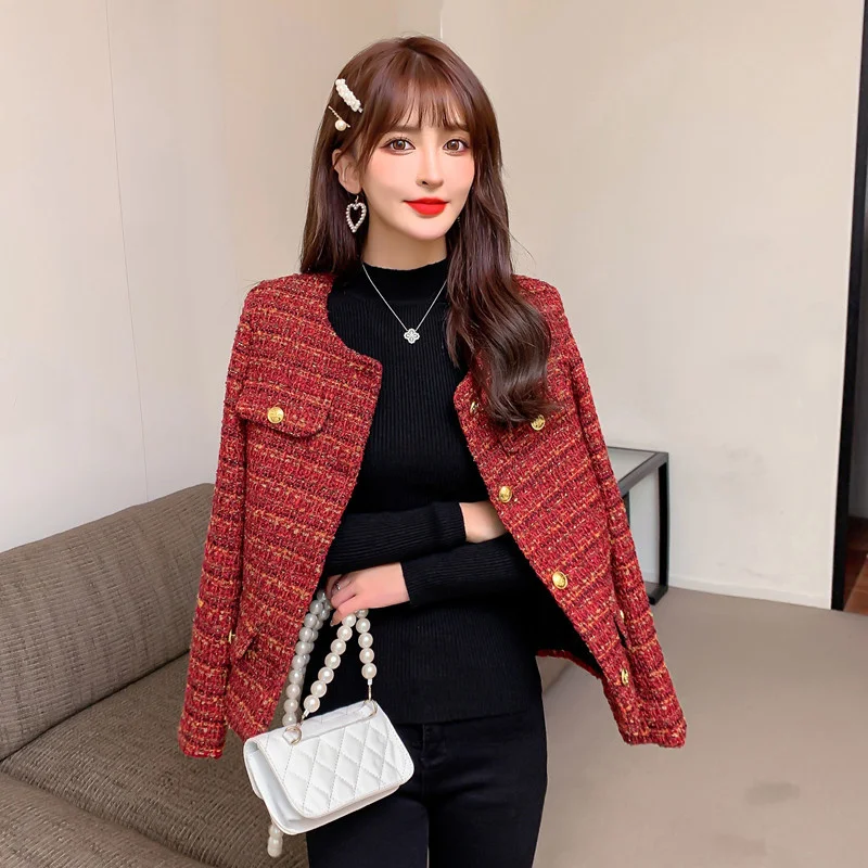 

Ladies Vintage French Small Fragrance Tweed Single Breasted Coat Korean Women Outerwear Autumn Winter Jackets
