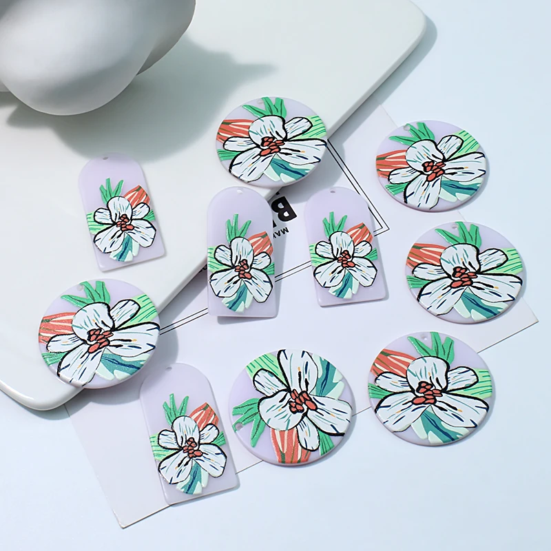 

10pcs Beauty Flowers Print Charms Pendant for Earring Necklace Keychain Acrylic Plant DIY Jewelry Making Accessories Hole 2mm