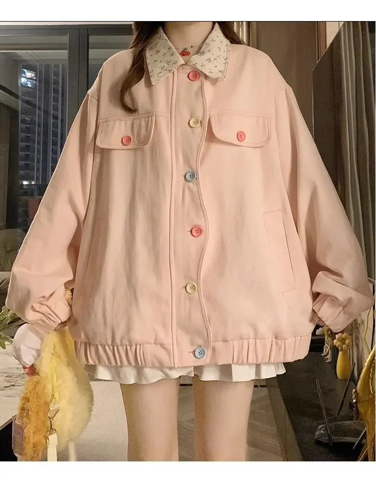 New College Style Dopamine Style Floral Lapel Jacket Women's Spring and Autumn New Design Loose Coat Top