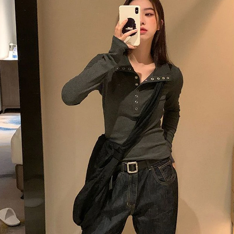 Biyaby Button Up Women's Knitted Sweater Y2K Long Sleeve Slim Fit Pullovers for Women Autumn Winter All Match Bottoming Tops