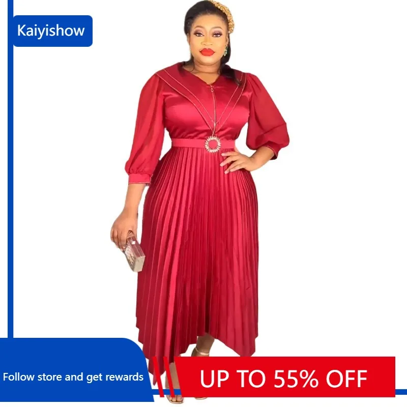 

Осенние элегантные африканские плиссированные платья для женщин, Африканское платье с рукавом 3/4 и V-образным вырезом, зеленая, черная, синяя фототкань, одежда