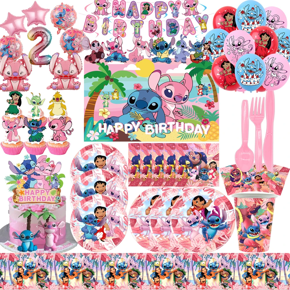 

Pink Lilo & Stitch Girls Birthday Party Decorations Disposable Tableware Plate Cup Balloons For kilds Baby Shower Decor Supplies