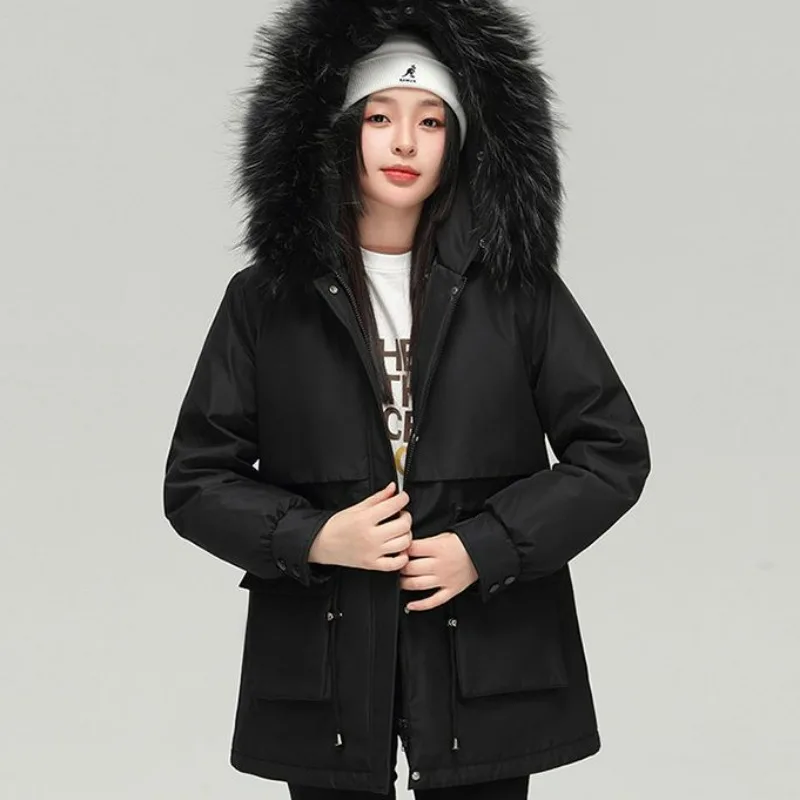 2023 New Women Down Jacket Winter Coat Female Mid Length Version Parkas Thick Warm Outwear Hooded Artificial Fur Collar Overcoat