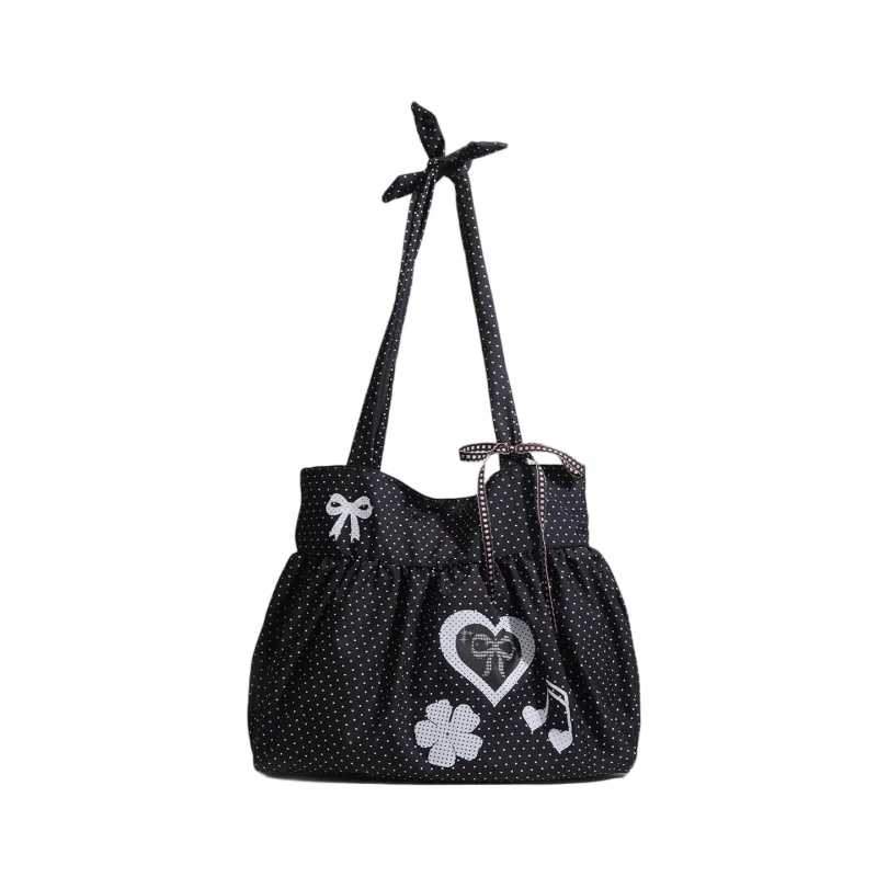 Borsa a Tracolla Coreana a Pois con Design a Fiocco e Cuore, Borsa da Donna alla Moda per il Lavoro, Borsa a Mano Retrò con Chiusura Magnetica a Contrasto - immagine 6