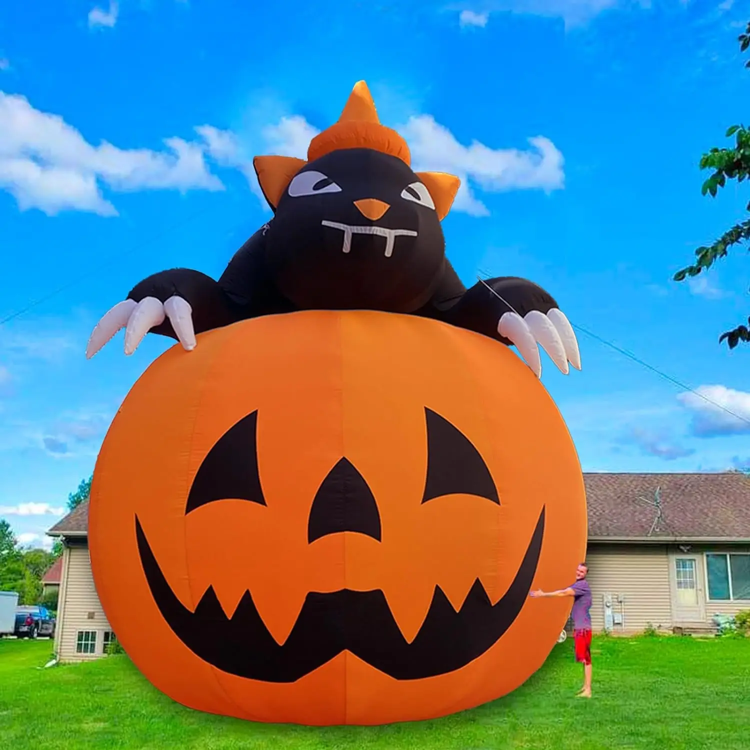 Adorable Giant Halloween Inflatable Pumpkin With Black Cat And LED Lights Large Blow Ups For Outdoor Community Party Events