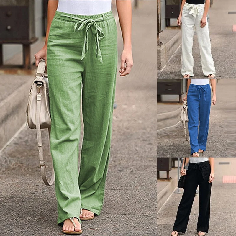 

New Summer Women's Elastic Waist Solid Color Cotton Linen Belt Wide Leg Pants Loose Pants Casual Loose Straight Trousers 8 Color