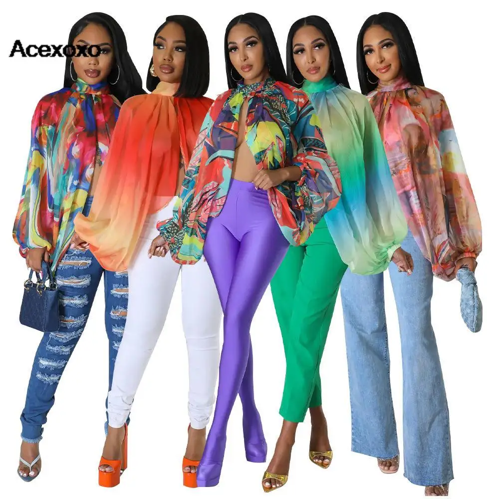 

Europe and the United States women's summer new lace-up printed chiffon shirt bat sleeve top