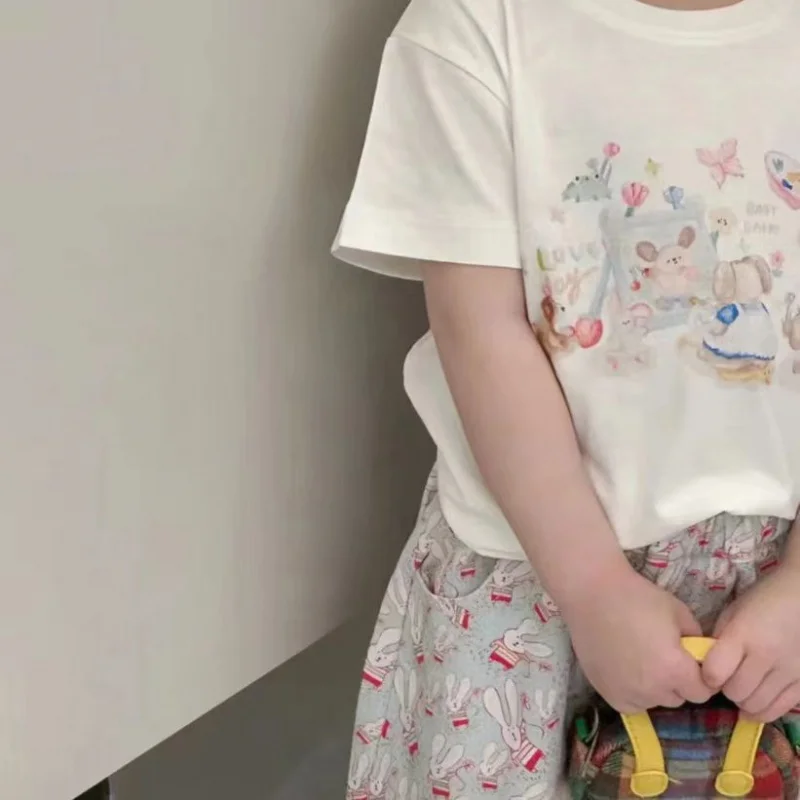 

Новинка весна-лето 2024, костюм, рубашка без рукавов для девочек, детская одежда, повседневный комбинезон с цветочным принтом для маленьких девочек