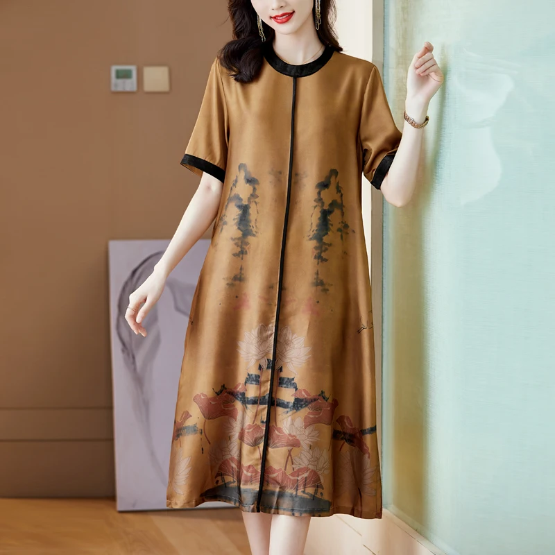 

Summer Yellow Floral Silk Satin Short Sleeve Midi Korean Elegant Bodycon Party Vestidos Women Fashion Casaul Dress