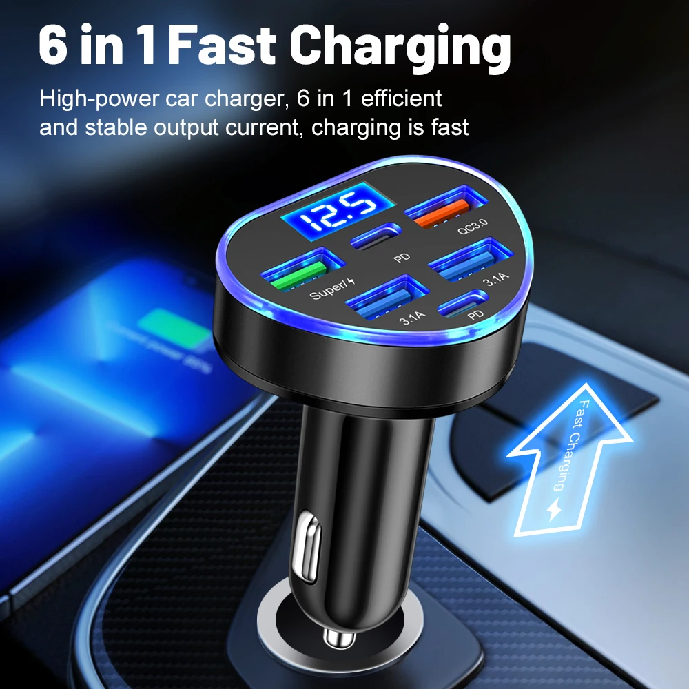 100W 6 Ports Car Charger Heart Shape Fast Charging PD Quick Charge QC3.0 USB Type C Car Phone Charger Adapter For iPhone Xiaomi