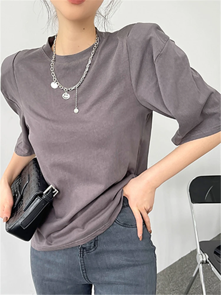 

Summer Cotton Shoulder Pads Women's T-Shirts 2022 New Short Sleeve O-Neck Bottoming Minimalist Shirts Loose Tops Female