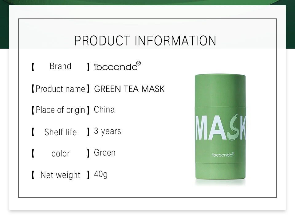 Description Picture 3 of itemGreen Tea Extract Mud Mask Stick Clean Pore Dirt Cleaning Mud Facial Acne Black Head Remover Oil Control Not Slepping Mask