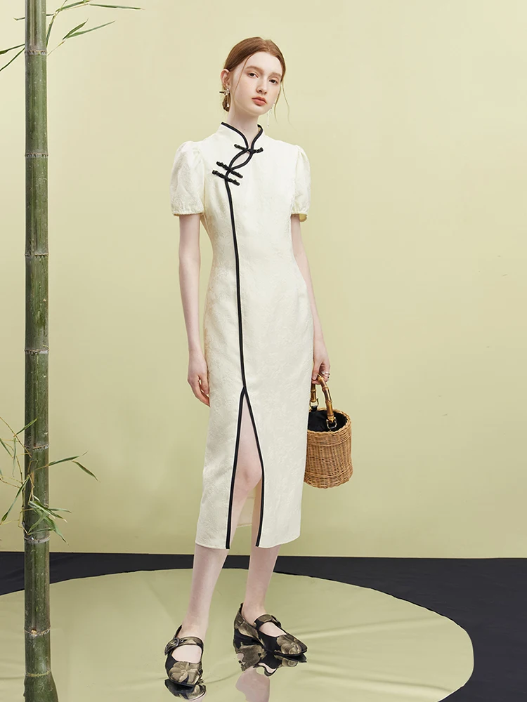 FSLE New Chinese Style Women Sexy Spilt Design Long Beige Dresses Puff Sleeve Cheongsam Dress Patchwork Design Summmer Dress
