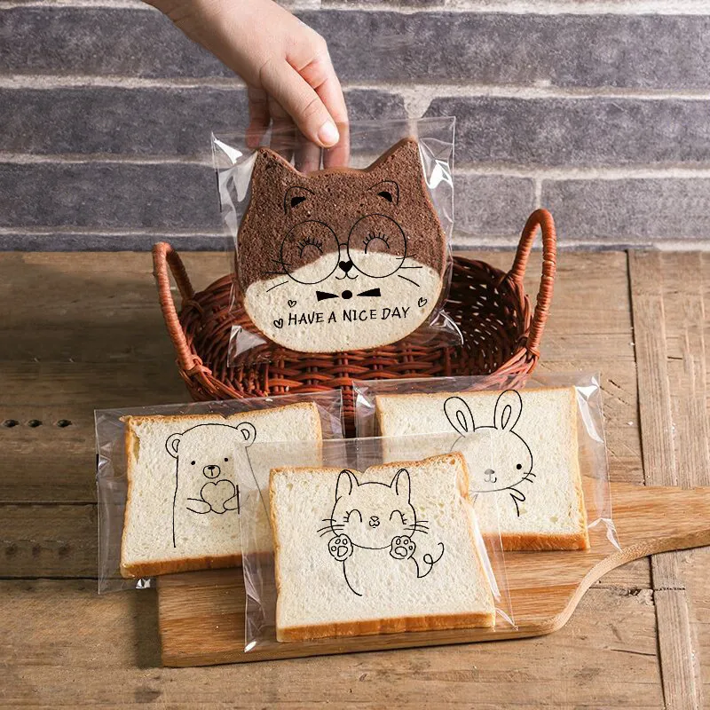 100 Stück Transparente Selbstklebende Niedliche Cartoon-Tier-Brotverpackungsbeutel für Ananasbrötchen und Toastscheiben