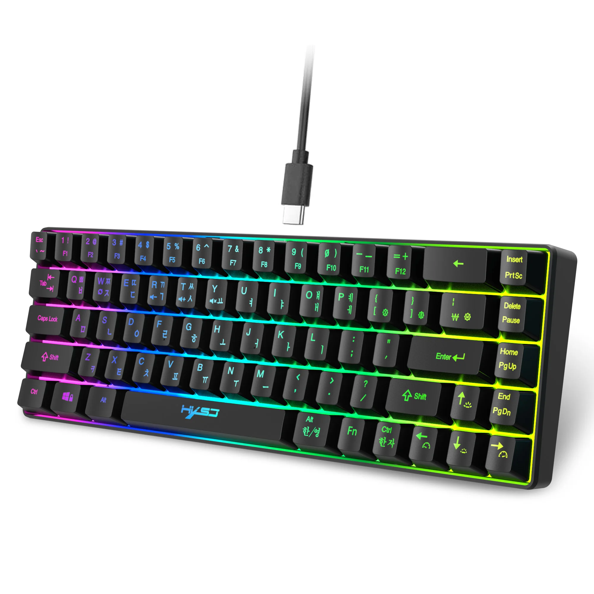 Teclado portátil para juegos coreano HXSJ V200 de 68 teclas, teclado de membrana de oficina con cable retroiluminado 65% RGB para PC de escritorio y portátiles