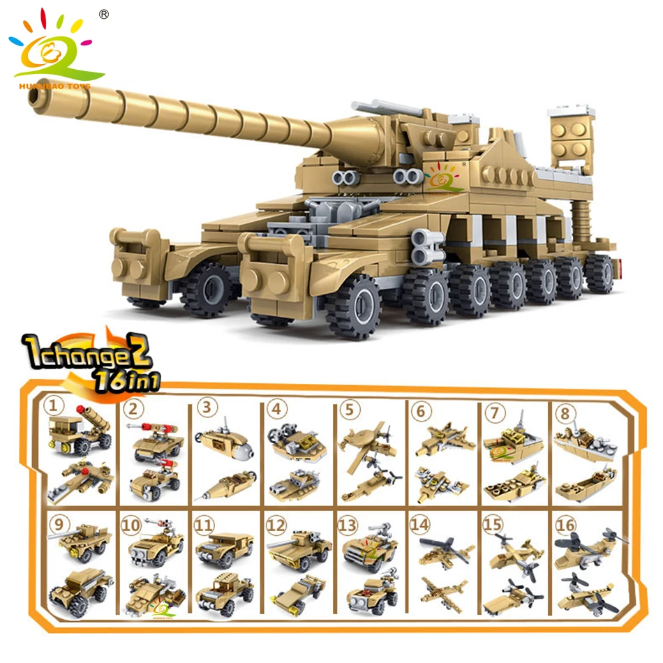 544PCS 16in1 Military Tank Building Blocks Super Vehicle Plane Truck Car Ship Army Bricks Educational Toys For Children