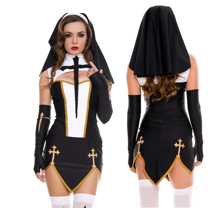 

Women Sexy Nun Superior Costume Carnival Halloween Church Religious Convent Cosplay Dress with Veil Medieval Fancy Party Dress