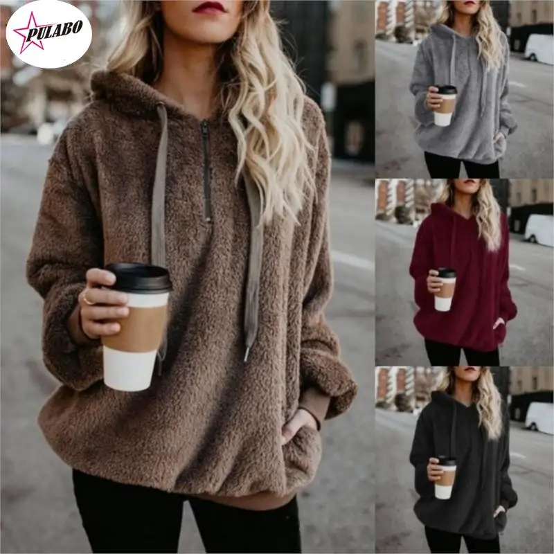 

Fashing Women Fleece Hoodies PULABO Long Sleeve Hooded Pullover Sweatshirt Autumn Winter Warm Zipper Pocket Fur Coat 5XL