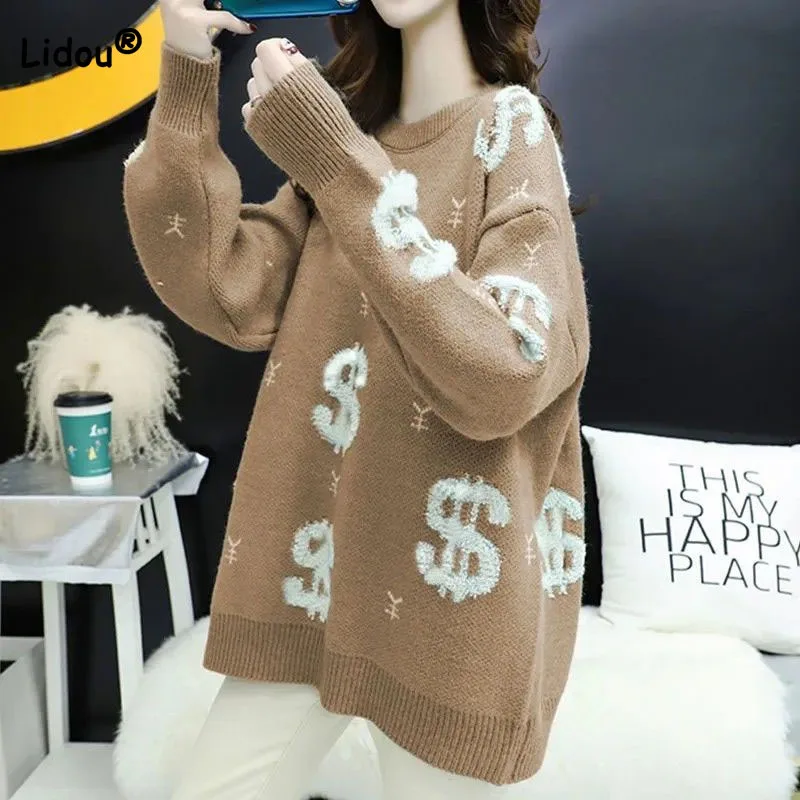 

Autumn Winter Fashion Cartoon Patchwork Sweaters for Female Loose Long Sleeve Round Neck Knitted Pullovers Women's Clothing