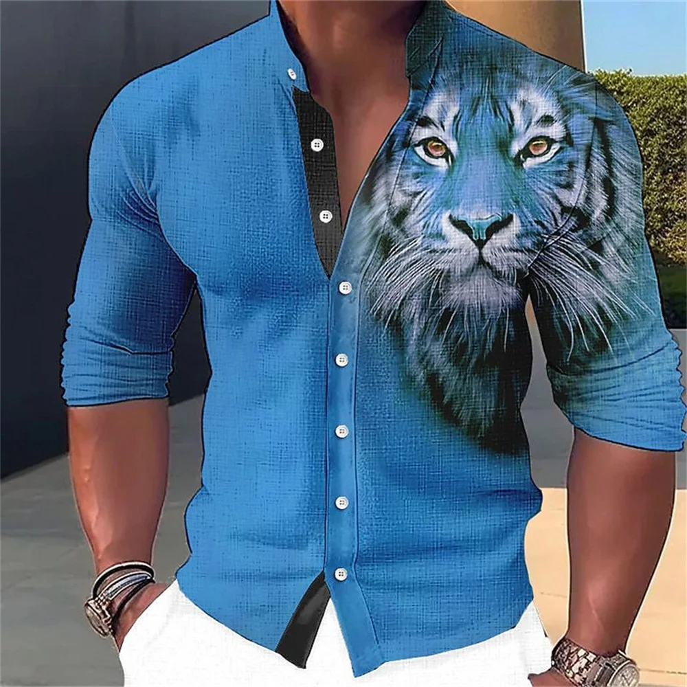 

New Men's Shirt Standing Collar Fashion Leisure Animal Pattern Printing Shirt Outdoor Joint High Quality Fabric Men's Top S-6XL