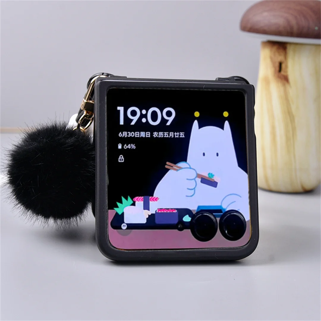 Korean Cute Solid Color Black Plush Ball Portable Rope Phone Case Back Cover