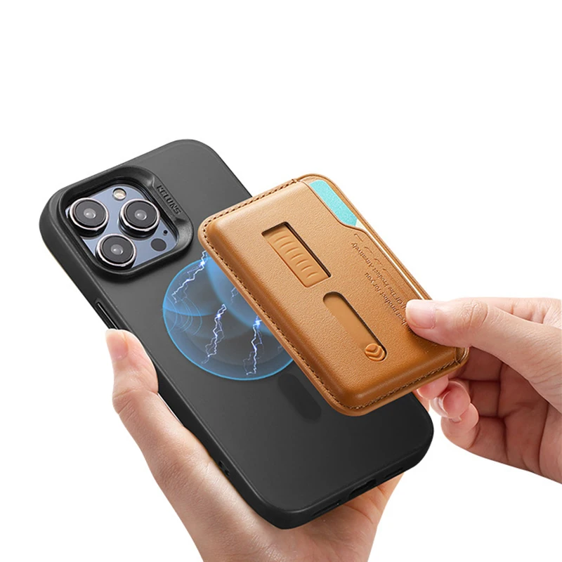 Sleek Magnetic Leather Wallet Card Holder Case with Hidden Strap