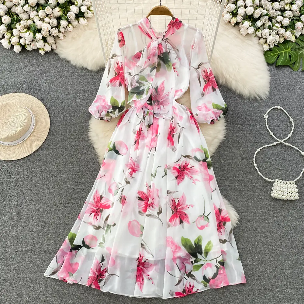 

Женское шифоновое платье с высокой талией, элегантное винтажное плиссированное платье-трапеция с длинными рукавами и воротником-рубашкой, весна-лето