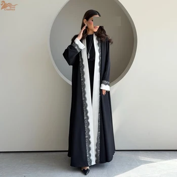 Zahraa Dubai Lace Patchwork Abaya Muslim Elegant Casual Solid Open Kaftan Arabic Dresses For Women 1