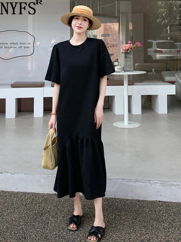 

NYFS 2023 Summer New Korea Woman Dress Vestidos Robe Elbise Loose Plus Size Puff Sleeve Patchwork Falbala Fish Tail Dresses