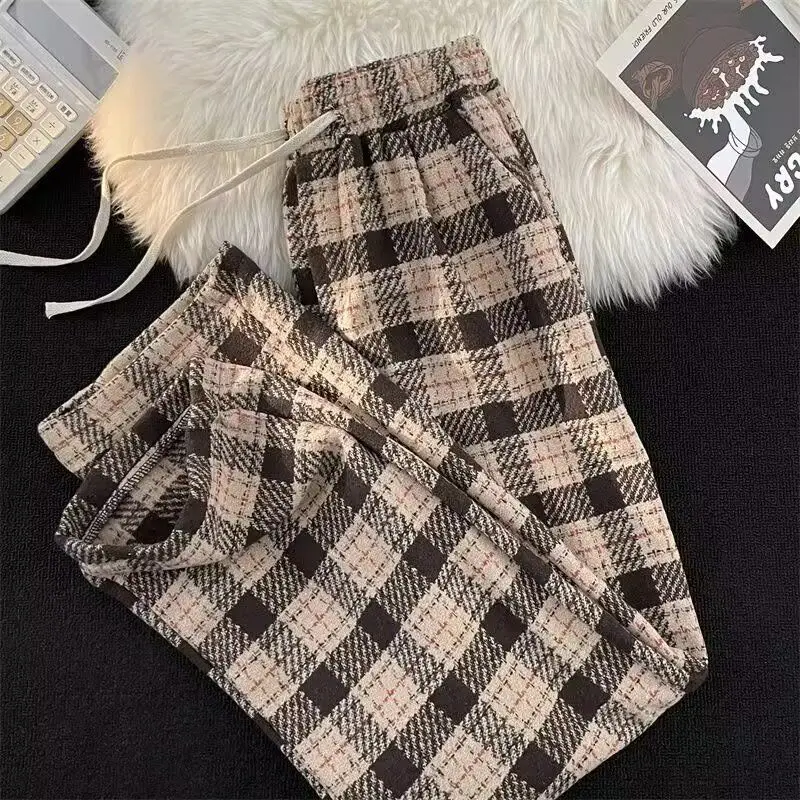 Pantaloni di lana scozzesi UM Youmi Pantaloni casual vintage dritti larghi primavera autunno 3