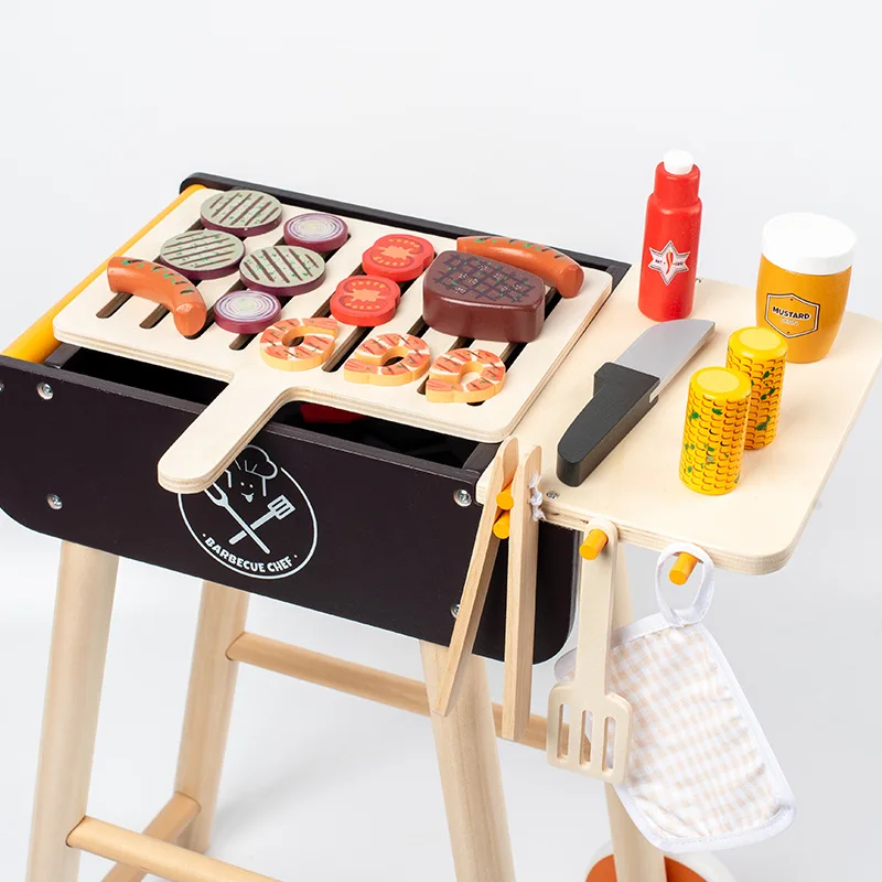DokiToy Children's Wooden Imitation Barbecue Rack Barbecue Stall Boys And Girls Going Home Food Cognition Chechele Set Toys
