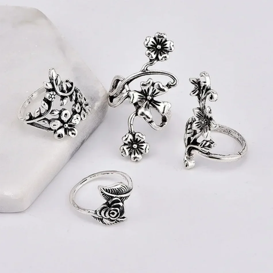 4 Pieces/set Popular Retro Fashion Personalized Engraving Rose Ancient Hollow Flower Vine Leaf Ring Group Jewelry Accessories