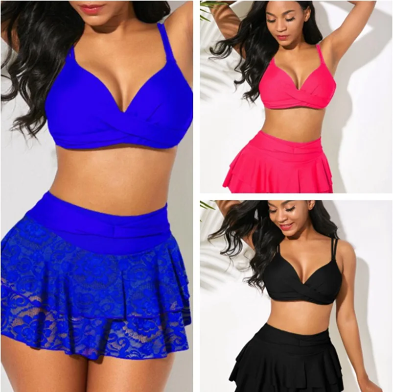 

European and American new sexy swimsuit women's solid color lace high-waisted women's bikini